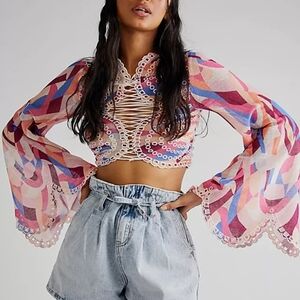 NWT Free People "Eye On You" Top Multicolor Lace Detail Women's Sz M